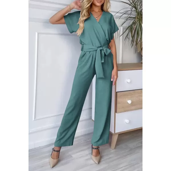imagePRETTYGARDEN Womens Jumpsuit Casual Short Sleeve Wrap V Neck Belted Wide Leg PantsBlue Green