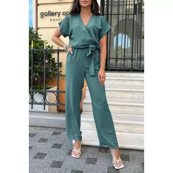 imagePRETTYGARDEN Womens Jumpsuit Casual Short Sleeve Wrap V Neck Belted Wide Leg PantsBlue Green