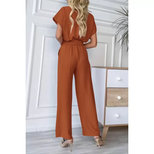imagePRETTYGARDEN Womens Jumpsuit Casual Short Sleeve Wrap V Neck Belted Wide Leg PantsCaramel