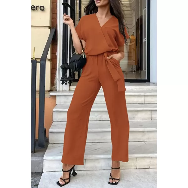 imagePRETTYGARDEN Womens Jumpsuit Casual Short Sleeve Wrap V Neck Belted Wide Leg PantsCaramel