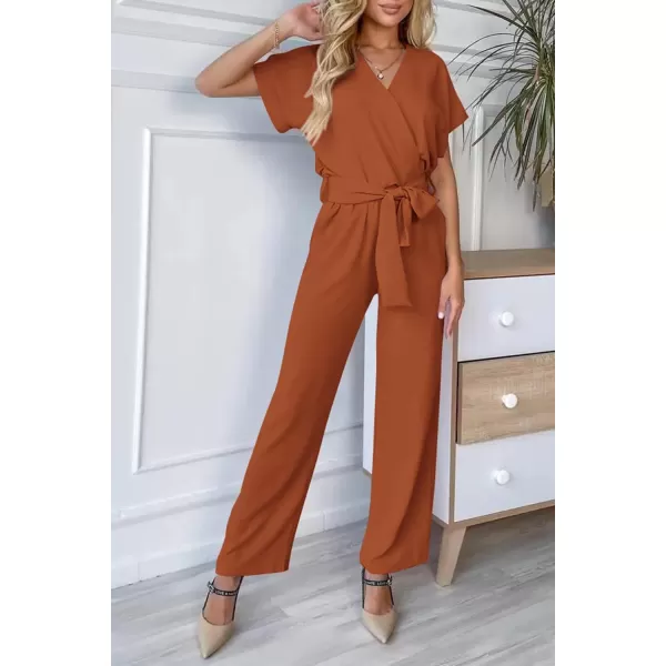 imagePRETTYGARDEN Womens Jumpsuit Casual Short Sleeve Wrap V Neck Belted Wide Leg PantsCaramel