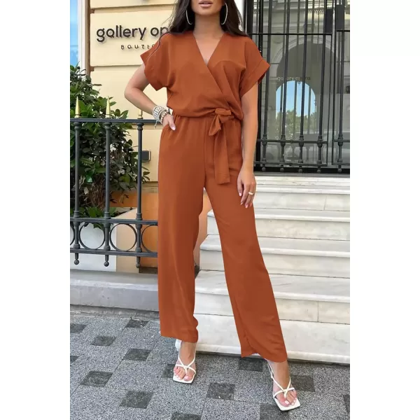 imagePRETTYGARDEN Womens Jumpsuit Casual Short Sleeve Wrap V Neck Belted Wide Leg PantsCaramel