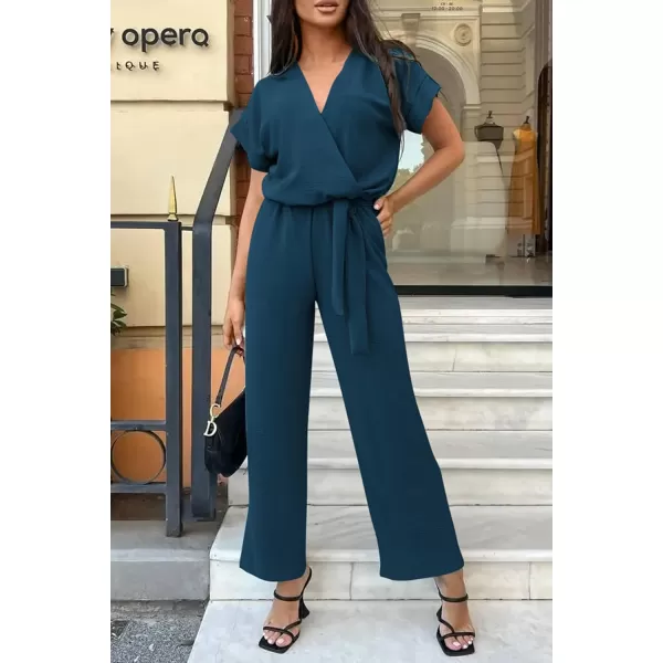 imagePRETTYGARDEN Womens Jumpsuit Casual Short Sleeve Wrap V Neck Belted Wide Leg PantsDark Blue