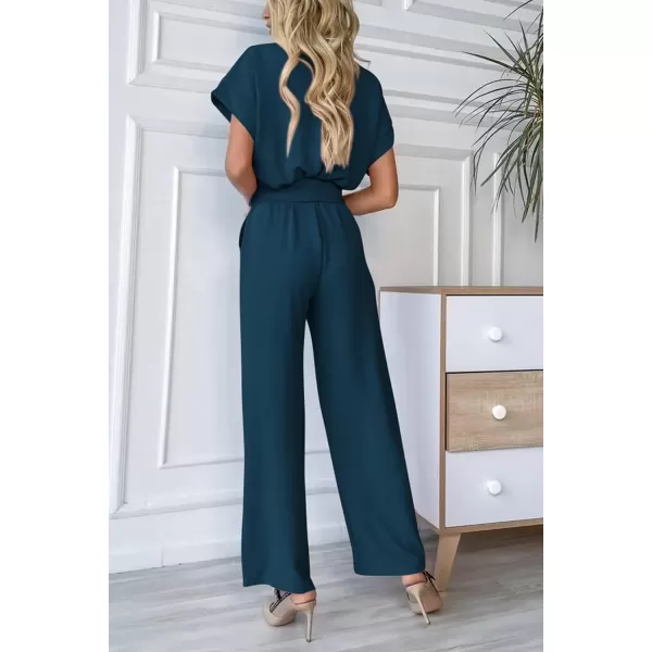 imagePRETTYGARDEN Womens Jumpsuit Casual Short Sleeve Wrap V Neck Belted Wide Leg PantsDark Blue