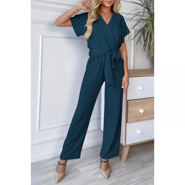 imagePRETTYGARDEN Womens Jumpsuit Casual Short Sleeve Wrap V Neck Belted Wide Leg PantsDark Blue