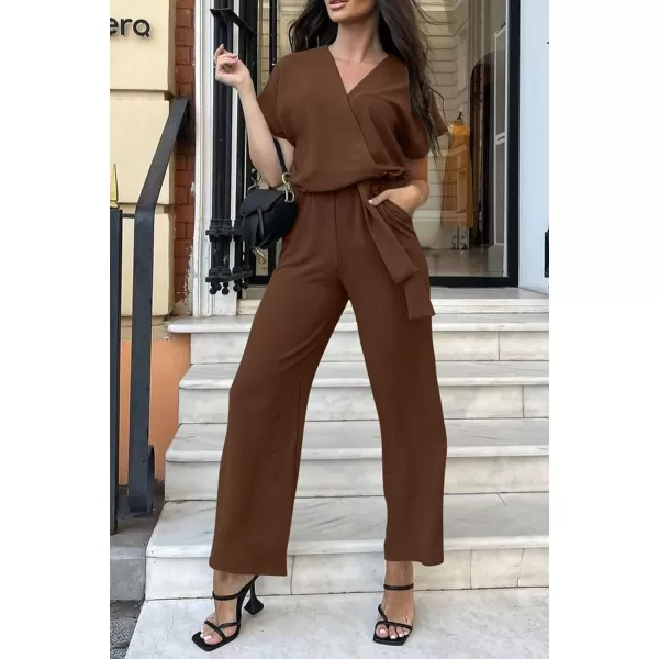 imagePRETTYGARDEN Womens Jumpsuit Casual Short Sleeve Wrap V Neck Belted Wide Leg PantsDark Brown