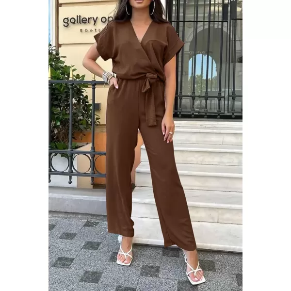 imagePRETTYGARDEN Womens Jumpsuit Casual Short Sleeve Wrap V Neck Belted Wide Leg PantsDark Brown