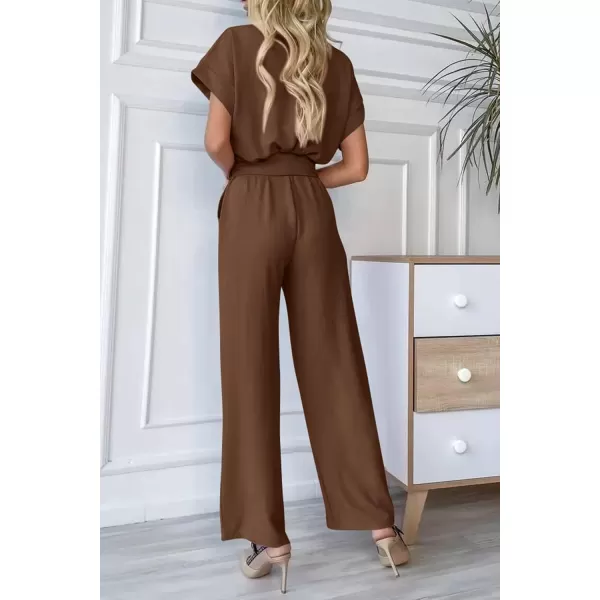 imagePRETTYGARDEN Womens Jumpsuit Casual Short Sleeve Wrap V Neck Belted Wide Leg PantsDark Brown