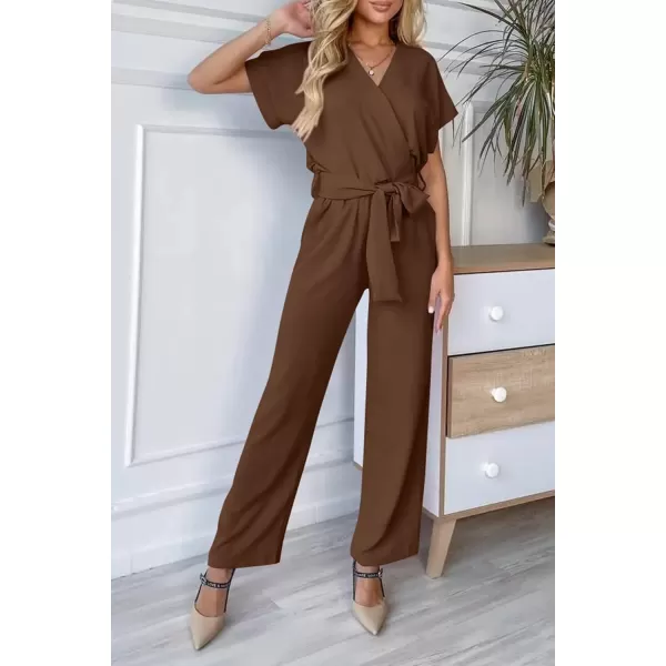 imagePRETTYGARDEN Womens Jumpsuit Casual Short Sleeve Wrap V Neck Belted Wide Leg PantsDark Brown