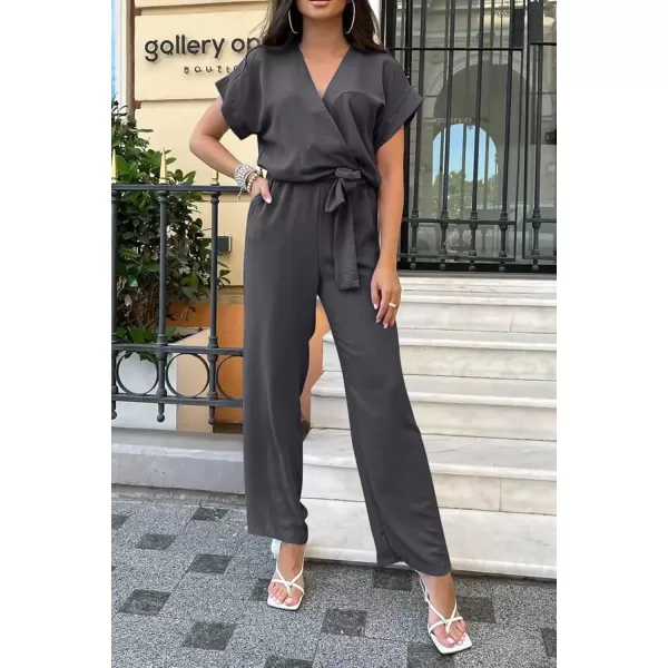imagePRETTYGARDEN Womens Jumpsuit Casual Short Sleeve Wrap V Neck Belted Wide Leg PantsDark Grey