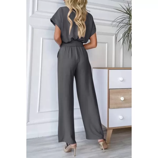 imagePRETTYGARDEN Womens Jumpsuit Casual Short Sleeve Wrap V Neck Belted Wide Leg PantsDark Grey
