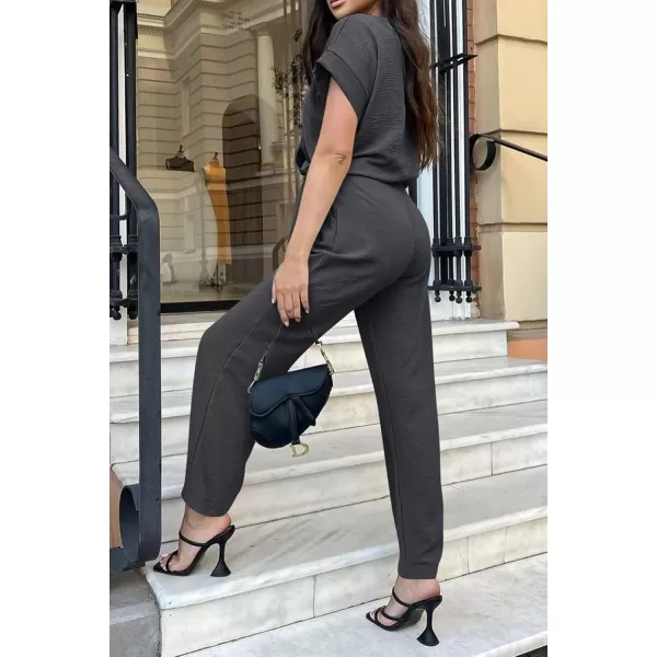 imagePRETTYGARDEN Womens Jumpsuit Casual Short Sleeve Wrap V Neck Belted Wide Leg PantsDark Grey