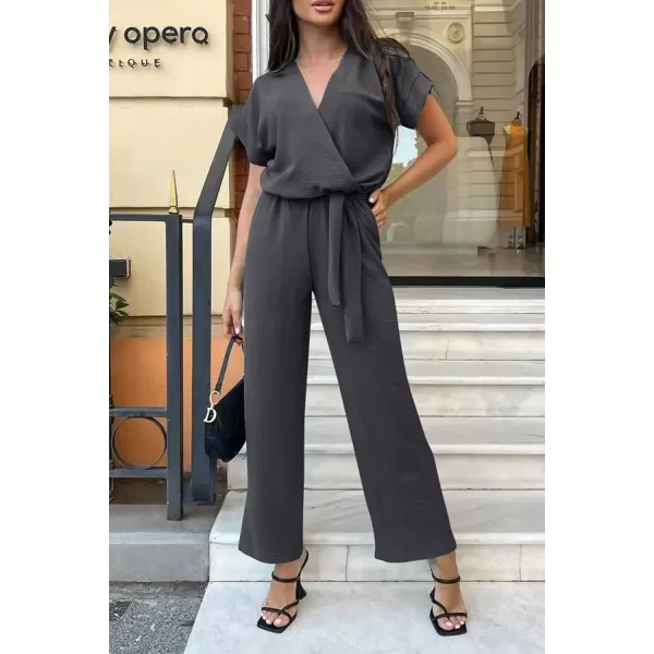 imagePRETTYGARDEN Womens Jumpsuit Casual Short Sleeve Wrap V Neck Belted Wide Leg PantsDark Grey