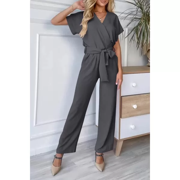 imagePRETTYGARDEN Womens Jumpsuit Casual Short Sleeve Wrap V Neck Belted Wide Leg PantsDark Grey