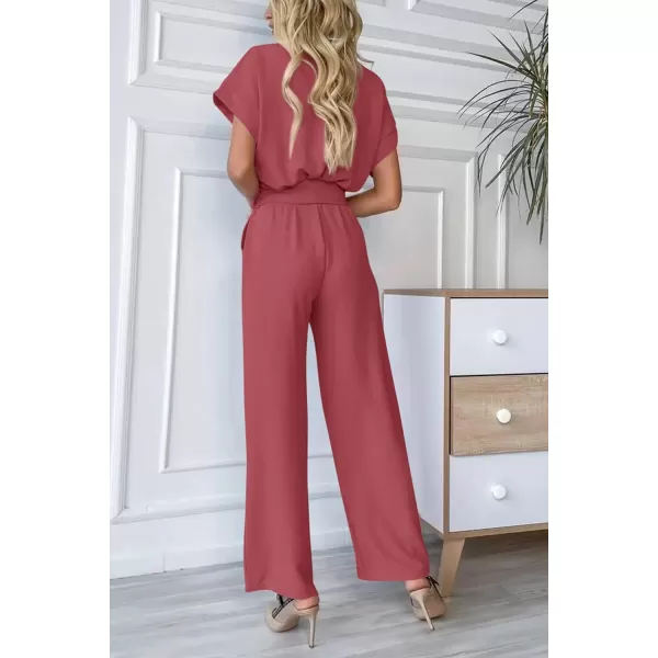 imagePRETTYGARDEN Womens Jumpsuit Casual Short Sleeve Wrap V Neck Belted Wide Leg PantsDark Pink