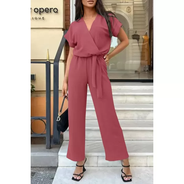 imagePRETTYGARDEN Womens Jumpsuit Casual Short Sleeve Wrap V Neck Belted Wide Leg PantsDark Pink