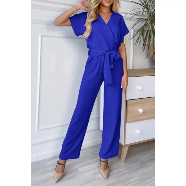 imagePRETTYGARDEN Womens Jumpsuit Casual Short Sleeve Wrap V Neck Belted Wide Leg PantsDark Royal Blue