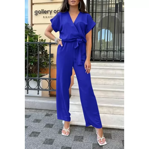 imagePRETTYGARDEN Womens Jumpsuit Casual Short Sleeve Wrap V Neck Belted Wide Leg PantsDark Royal Blue