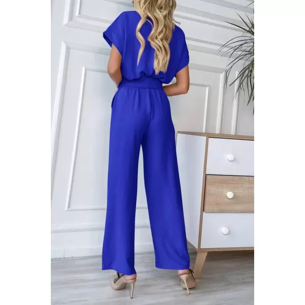 imagePRETTYGARDEN Womens Jumpsuit Casual Short Sleeve Wrap V Neck Belted Wide Leg PantsDark Royal Blue
