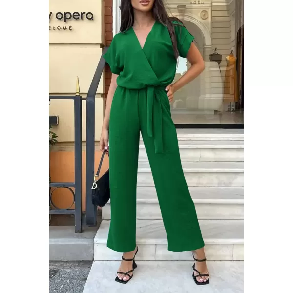 imagePRETTYGARDEN Womens Jumpsuit Casual Short Sleeve Wrap V Neck Belted Wide Leg PantsGreen