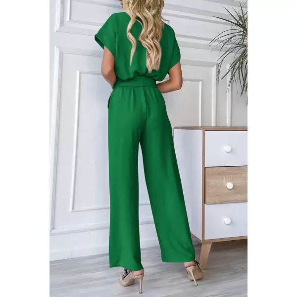 imagePRETTYGARDEN Womens Jumpsuit Casual Short Sleeve Wrap V Neck Belted Wide Leg PantsGreen