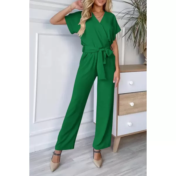 imagePRETTYGARDEN Womens Jumpsuit Casual Short Sleeve Wrap V Neck Belted Wide Leg PantsGreen