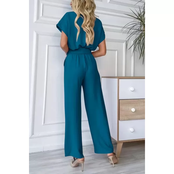 imagePRETTYGARDEN Womens Jumpsuit Casual Short Sleeve Wrap V Neck Belted Wide Leg PantsLake Blue