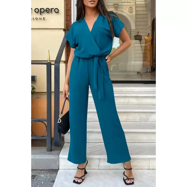 imagePRETTYGARDEN Womens Jumpsuit Casual Short Sleeve Wrap V Neck Belted Wide Leg PantsLake Blue