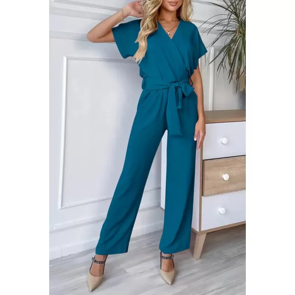 imagePRETTYGARDEN Womens Jumpsuit Casual Short Sleeve Wrap V Neck Belted Wide Leg PantsLake Blue