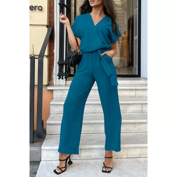 imagePRETTYGARDEN Womens Jumpsuit Casual Short Sleeve Wrap V Neck Belted Wide Leg PantsLake Blue