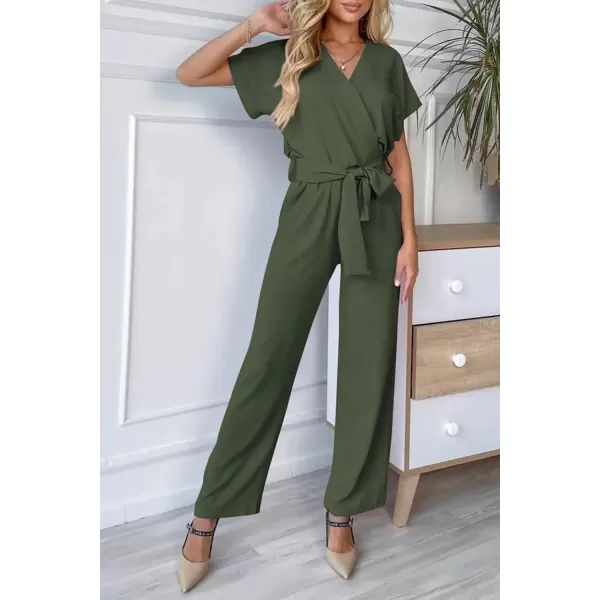 imagePRETTYGARDEN Womens Jumpsuit Casual Short Sleeve Wrap V Neck Belted Wide Leg PantsLight Army Green