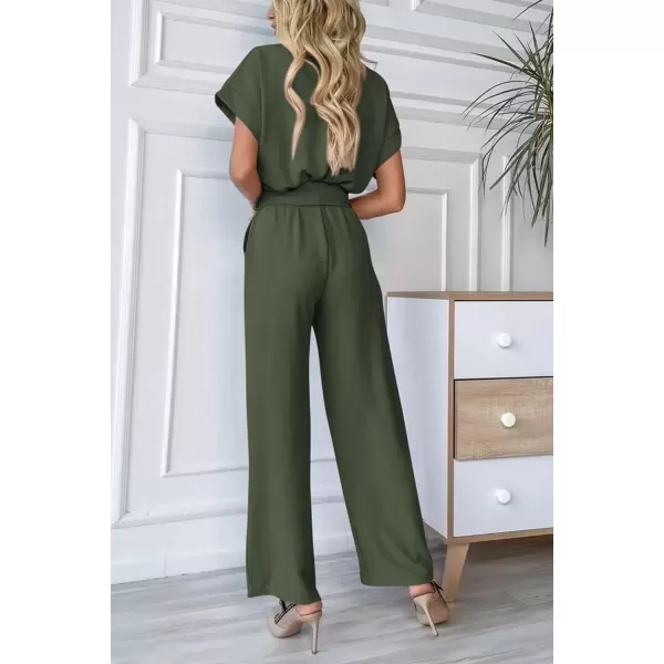 imagePRETTYGARDEN Womens Jumpsuit Casual Short Sleeve Wrap V Neck Belted Wide Leg PantsLight Army Green