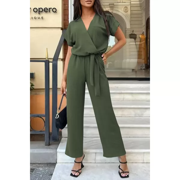 imagePRETTYGARDEN Womens Jumpsuit Casual Short Sleeve Wrap V Neck Belted Wide Leg PantsLight Army Green