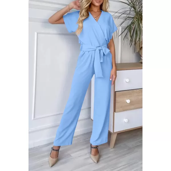 imagePRETTYGARDEN Womens Jumpsuit Casual Short Sleeve Wrap V Neck Belted Wide Leg PantsLight Blue