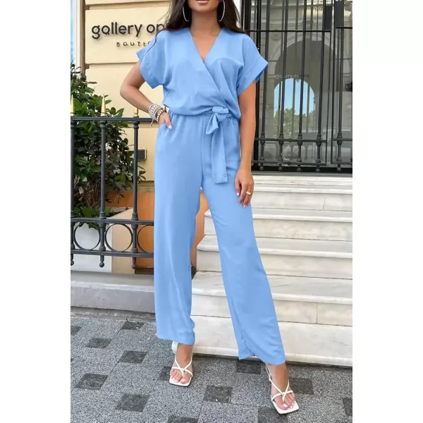 imagePRETTYGARDEN Womens Jumpsuit Casual Short Sleeve Wrap V Neck Belted Wide Leg PantsLight Blue