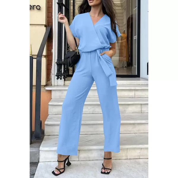 imagePRETTYGARDEN Womens Jumpsuit Casual Short Sleeve Wrap V Neck Belted Wide Leg PantsLight Blue