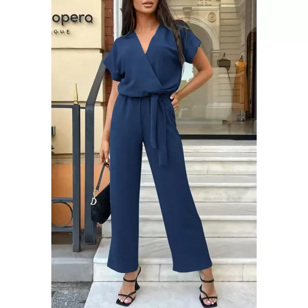 imagePRETTYGARDEN Womens Jumpsuit Casual Short Sleeve Wrap V Neck Belted Wide Leg PantsNavy