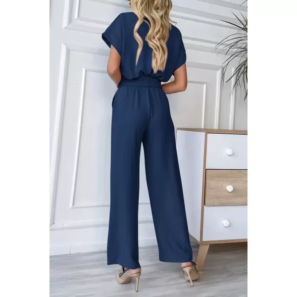 imagePRETTYGARDEN Womens Jumpsuit Casual Short Sleeve Wrap V Neck Belted Wide Leg PantsNavy