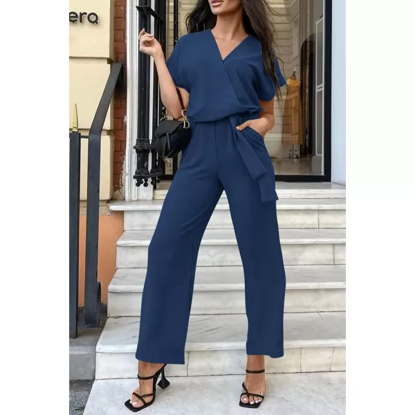 imagePRETTYGARDEN Womens Jumpsuit Casual Short Sleeve Wrap V Neck Belted Wide Leg PantsNavy