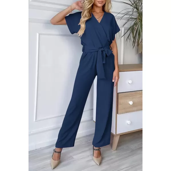imagePRETTYGARDEN Womens Jumpsuit Casual Short Sleeve Wrap V Neck Belted Wide Leg PantsNavy