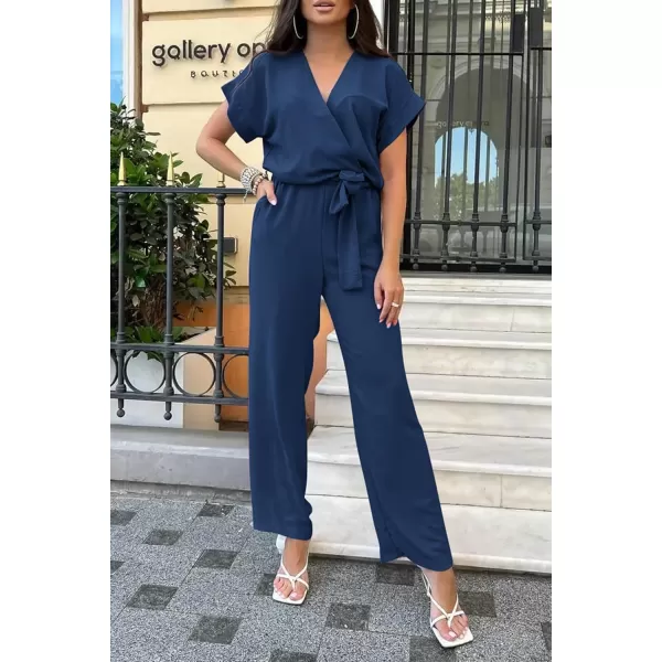 imagePRETTYGARDEN Womens Jumpsuit Casual Short Sleeve Wrap V Neck Belted Wide Leg PantsNavy