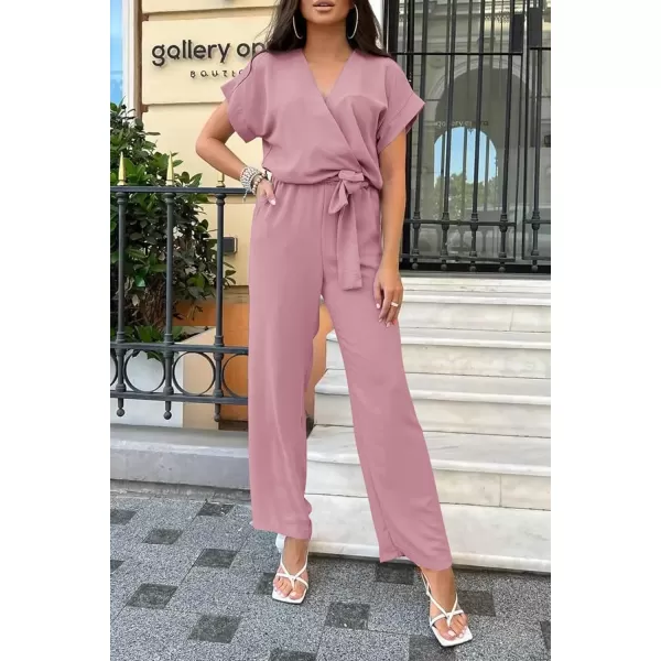 imagePRETTYGARDEN Womens Jumpsuit Casual Short Sleeve Wrap V Neck Belted Wide Leg PantsPink