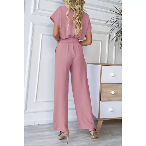 imagePRETTYGARDEN Womens Jumpsuit Casual Short Sleeve Wrap V Neck Belted Wide Leg PantsPink