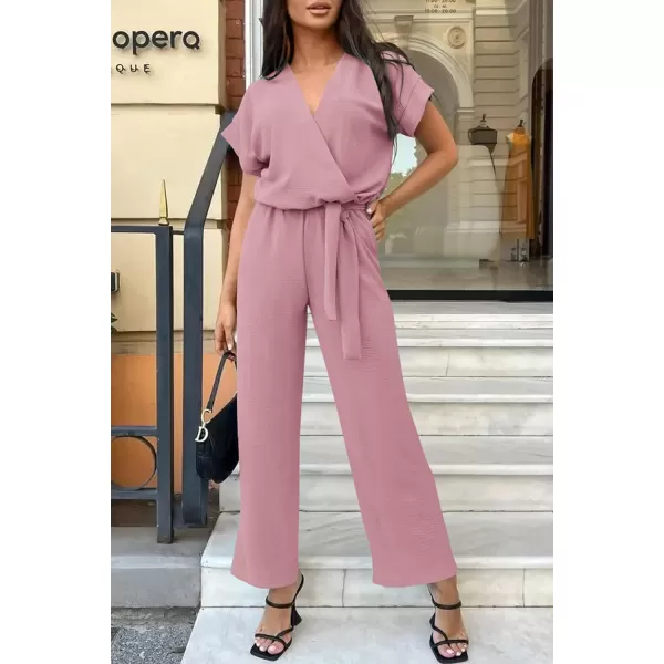 imagePRETTYGARDEN Womens Jumpsuit Casual Short Sleeve Wrap V Neck Belted Wide Leg PantsPink
