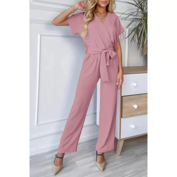 imagePRETTYGARDEN Womens Jumpsuit Casual Short Sleeve Wrap V Neck Belted Wide Leg PantsPink