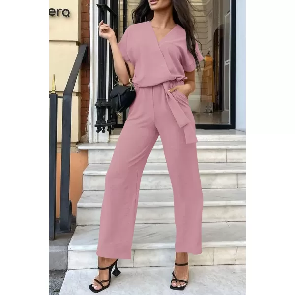imagePRETTYGARDEN Womens Jumpsuit Casual Short Sleeve Wrap V Neck Belted Wide Leg PantsPink