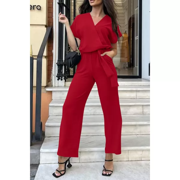 imagePRETTYGARDEN Womens Jumpsuit Casual Short Sleeve Wrap V Neck Belted Wide Leg PantsRed