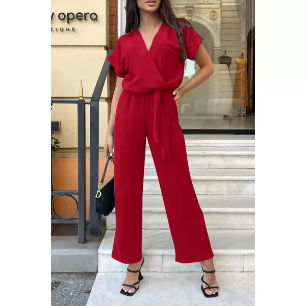 imagePRETTYGARDEN Womens Jumpsuit Casual Short Sleeve Wrap V Neck Belted Wide Leg PantsRed