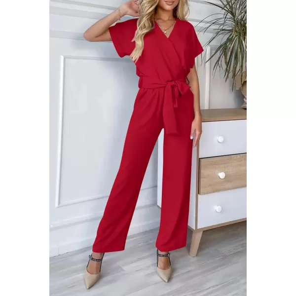 imagePRETTYGARDEN Womens Jumpsuit Casual Short Sleeve Wrap V Neck Belted Wide Leg PantsRed