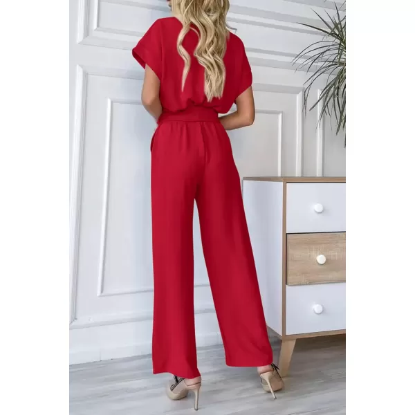 imagePRETTYGARDEN Womens Jumpsuit Casual Short Sleeve Wrap V Neck Belted Wide Leg PantsRed